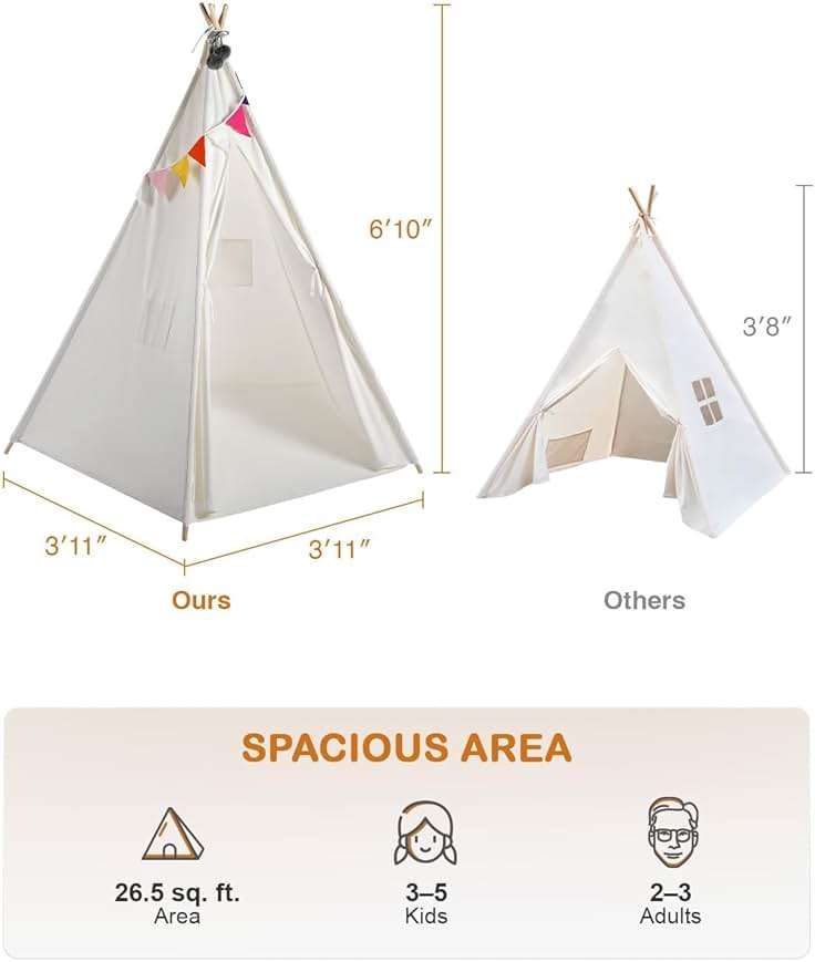 CO-Z Larger 85" H Kids Teepee Play Tent, 2.1m Large Indoor Canvas Teepee Tent for Adults, Tall Foldable Teepee Outdoor, 5 Sides Party Picnic Wedding Teepee Tent with Storage Bag - Image 2