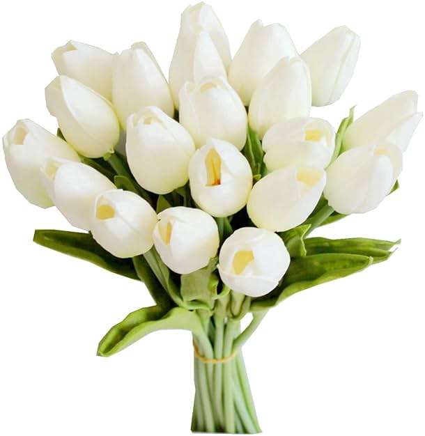 Mandy's White Artificial Tulips Flowers Centerpiece, 13.5" Lifelike PU Fake Floral Stems 20pcs for Kitchen Island & Dining Table, Spring Decor for Easter - Image 1