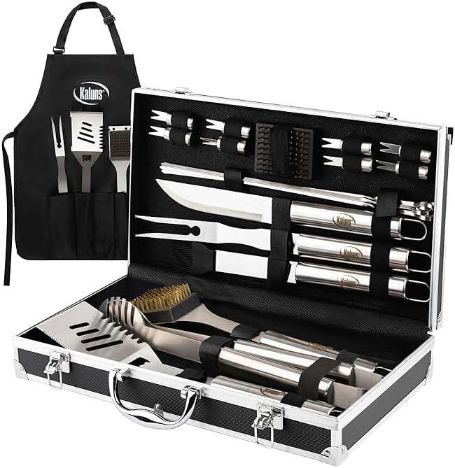 Kaluns Grilling Accessories, Dad Gifts for Fathers Day, Grilling Gifts, Heavy Duty Stainless Steel BBQ Tool Set for Outdoor Grill with Aluminum Case and Apron, Birthday Gifts for Men Women - Image 1