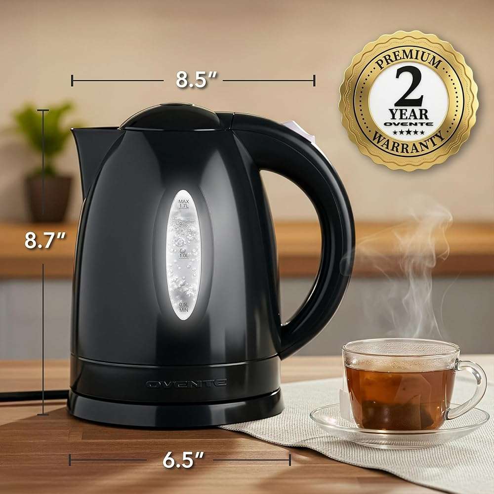 OVENTE Electric Kettle, 1.7L Fast Boiling Water Heater for Coffee or Tea, BPA Free with Water Level Gauge, Auto Shut-Off, Boil-Dry Protection, Indicator Light and Removable Filter, Black KP72B - Image 3