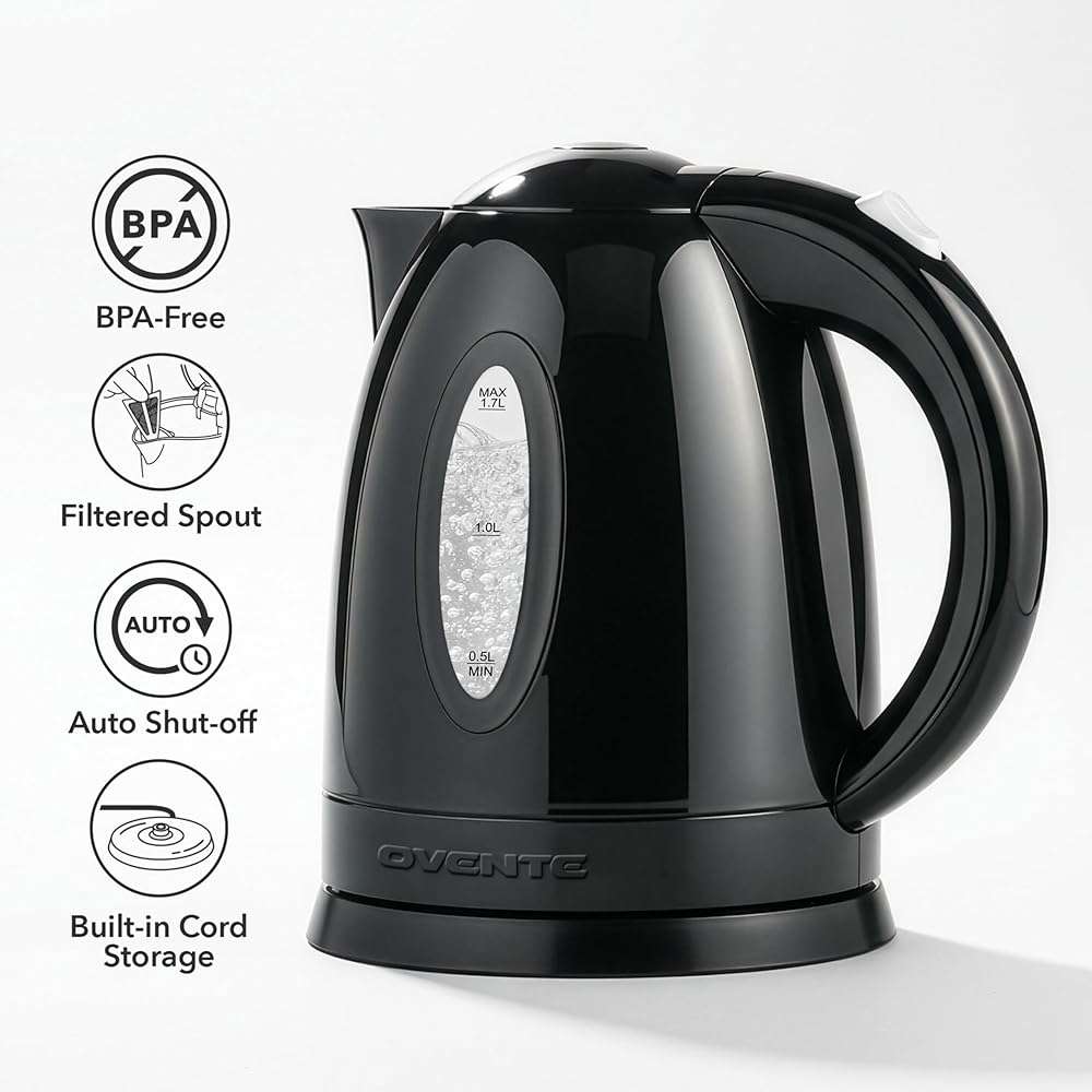 OVENTE Electric Kettle, 1.7L Fast Boiling Water Heater for Coffee or Tea, BPA Free with Water Level Gauge, Auto Shut-Off, Boil-Dry Protection, Indicator Light and Removable Filter, Black KP72B - Image 4