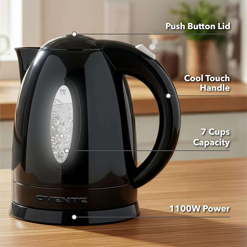 OVENTE Electric Kettle, 1.7L Fast Boiling Water Heater for Coffee or Tea, BPA Free with Water Level Gauge, Auto Shut-Off, Boil-Dry Protection, Indicator Light and Removable Filter, Black KP72B - Image 7