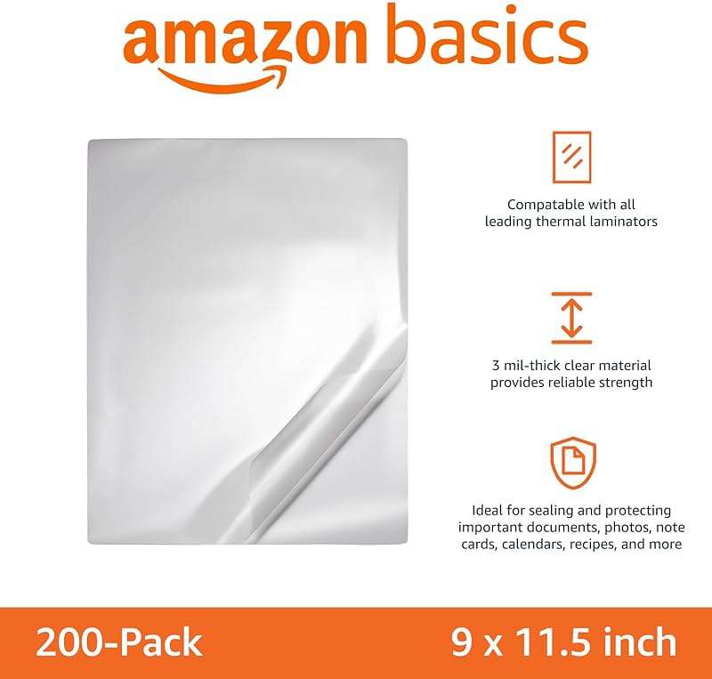 Amazon Basics Clear Thermal Laminating Plastic Paper Laminator Sheets, 9 x 11.5-Inch, 200-Pack, 2.8mil - Image 4