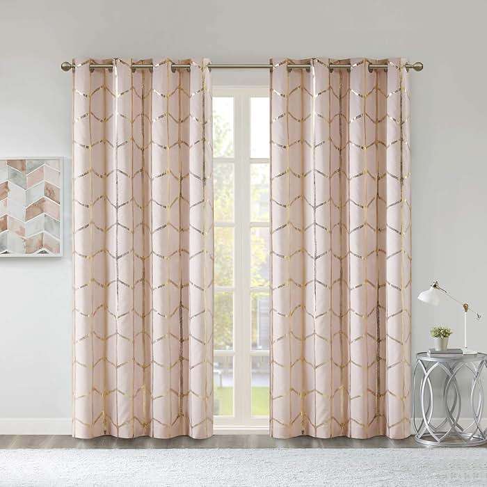 Intelligent Design Blackout Window Curtain, Light Blocking Curtains for Living Room, Thermal Insulated Window Panel with Metallic Print and Grommet Top, 50"x84", Blush/Gold, 1 Piece - Image 1
