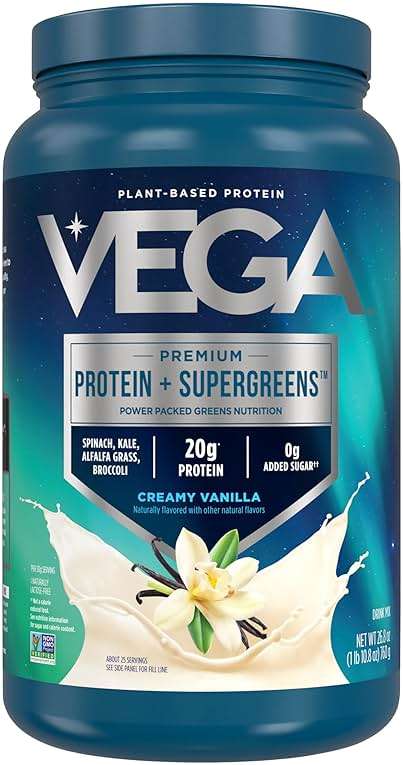 Vega Premium Protein + Supergreens, Creamy Vanilla – 20g Vegan Protein, Dairy & Gluten Free, 26.9 oz (25 Servings) - Image 1