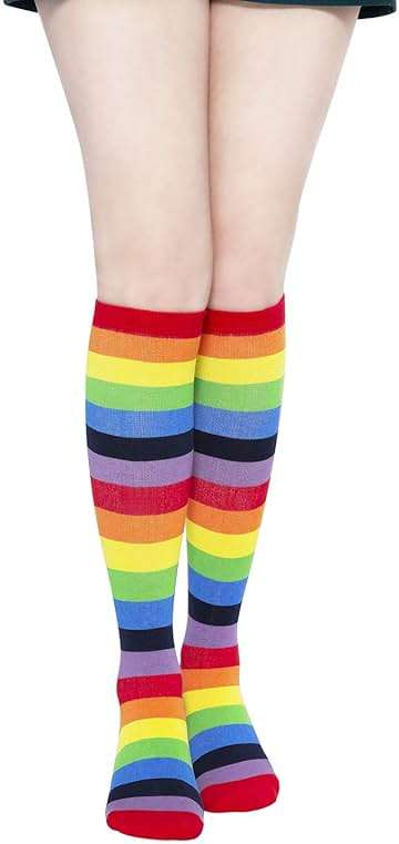 KONY 84% Cotton Rainbow Knee High Socks for Women, Colorful Striped Stay-Up Stretch Long Socks, Size 6-10 - Image 2