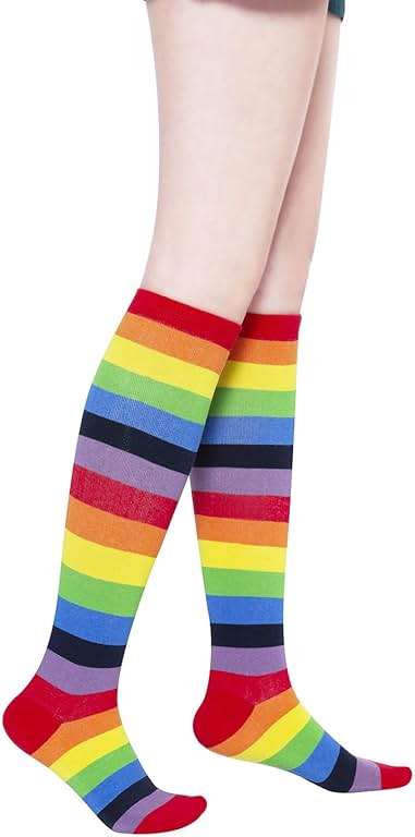 KONY 84% Cotton Rainbow Knee High Socks for Women, Colorful Striped Stay-Up Stretch Long Socks, Size 6-10 - Image 3