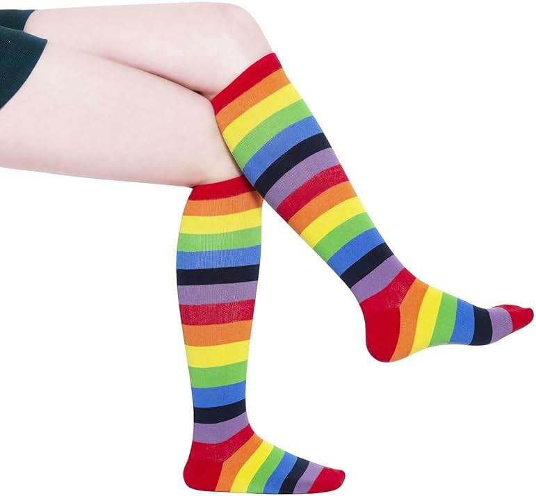 KONY 84% Cotton Rainbow Knee High Socks for Women, Colorful Striped Stay-Up Stretch Long Socks, Size 6-10 - Image 4