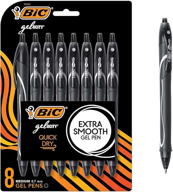 BIC Gelocity Quick Dry Black Gel Pens, Medium Point (0.7mm), 8-Count Pack, Retractable Gel Pens With Comfortable Full Grip - Image 1