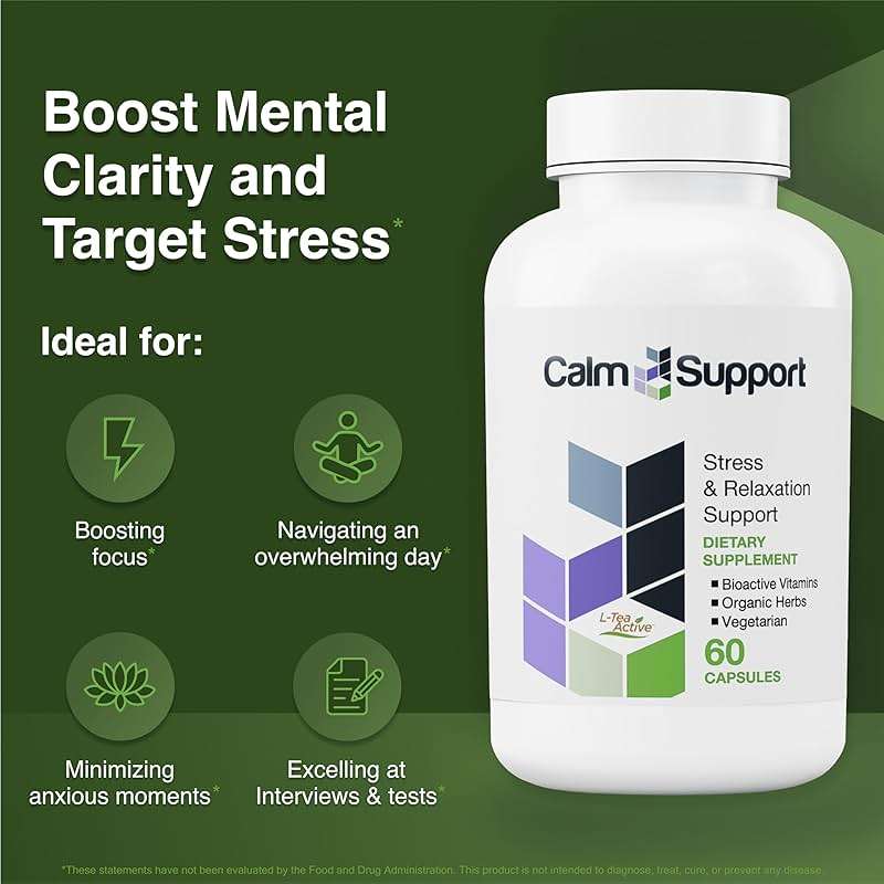 CalmSupport: Stress & Relaxation Support - Ashwagandha, Passion Flower, Valerian Root, Ginger, GABA, Velvet Bean, Motherwort, Oat Seed, L-Theanine, L-Tryptophan, Folate, C,B1,B6,B12,Zinc - 60 Capsules - Image 2