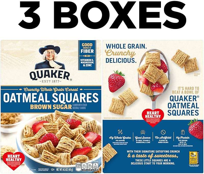 Quaker Oatmeal Squares Breakfast Cereal, Brown Sugar, 14.5oz Boxes (3 Pack) - Image 3