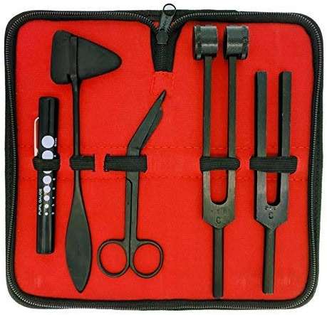 SURGICAL ONLINE Limited Edition - Full Tactical Black - Grudge Style Set of 5 pcs Reflex Percussion Taylor Hammer + Penlight + Tuning Fork C 128 C 512 + Bandage Scissors 5.5" - Image 1