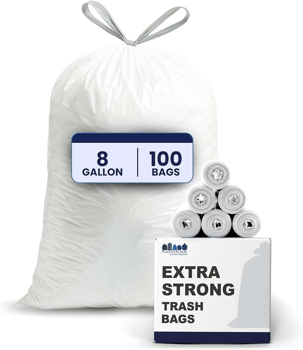 Plasticplace 8 Gallon Trash Bags: Premium White Drawstring Garbage Bag, 0.7 Mil Thickness, Durable Trash Can Liners, Garbage Bags for your Trash Can, Ring Size 22" x 22" (Pack of 100) - Image 1