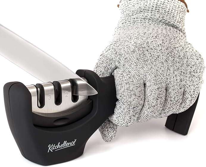 4-in-1 Kitchen Knife Accessories: 3-Stage Knife Sharpener Helps Repair, Restore, Polish Blades and Cut-Resistant Glove (Black) - Image 1