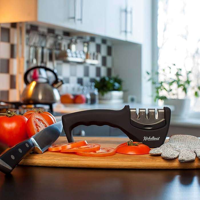 4-in-1 Kitchen Knife Accessories: 3-Stage Knife Sharpener Helps Repair, Restore, Polish Blades and Cut-Resistant Glove (Black) - Image 2