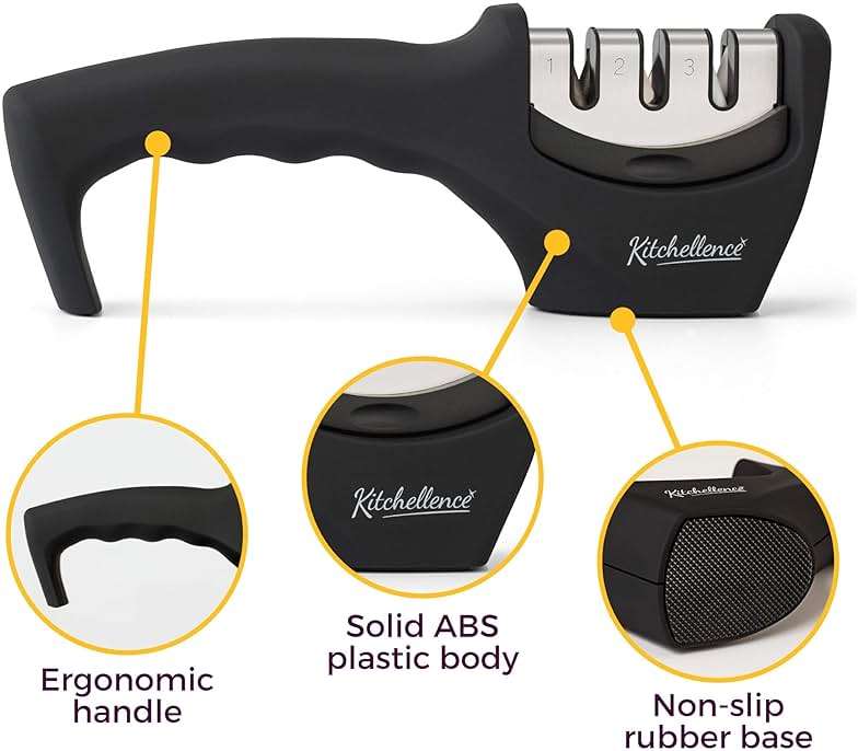 4-in-1 Kitchen Knife Accessories: 3-Stage Knife Sharpener Helps Repair, Restore, Polish Blades and Cut-Resistant Glove (Black) - Image 4