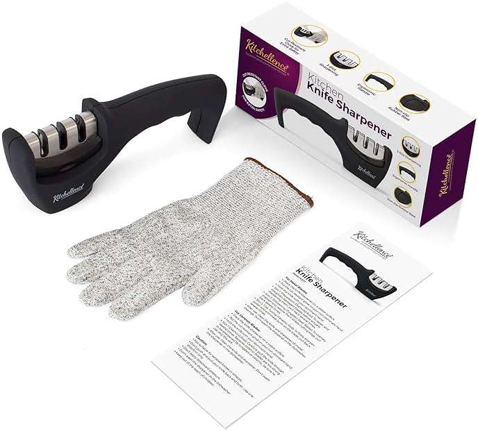 4-in-1 Kitchen Knife Accessories: 3-Stage Knife Sharpener Helps Repair, Restore, Polish Blades and Cut-Resistant Glove (Black) - Image 5