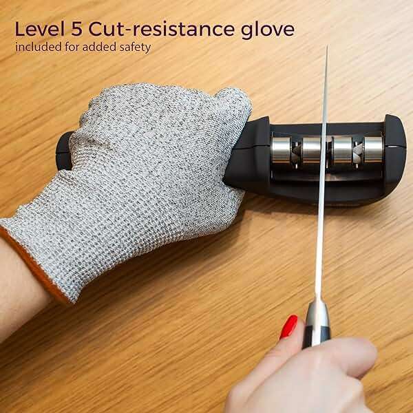 4-in-1 Kitchen Knife Accessories: 3-Stage Knife Sharpener Helps Repair, Restore, Polish Blades and Cut-Resistant Glove (Black) - Image 6
