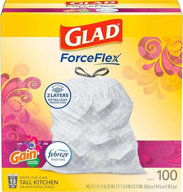 Glad ForceFlex Tall Kitchen Trash Bags, 13 Gal, Gain Moonlight Breeze, 100 Ct (Package May Vary) - Image 9