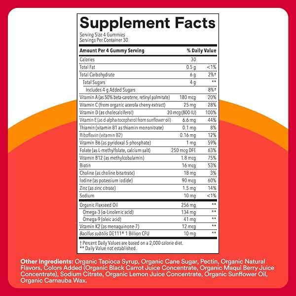 SmartyPants Organic Kids Multivitamin Gummies: Probiotics, Omega 3 (ALA), Vitamin D3, C, Vitamin B12, B6, A, K & Zinc for Immune Support, Biotin, Three Fruit Flavors, 120 Count (30 Day Supply) - Image 3
