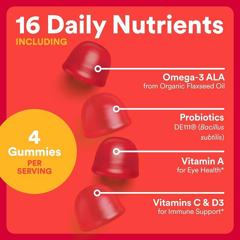 SmartyPants Organic Kids Multivitamin Gummies: Probiotics, Omega 3 (ALA), Vitamin D3, C, Vitamin B12, B6, A, K & Zinc for Immune Support, Biotin, Three Fruit Flavors, 120 Count (30 Day Supply) - Image 4