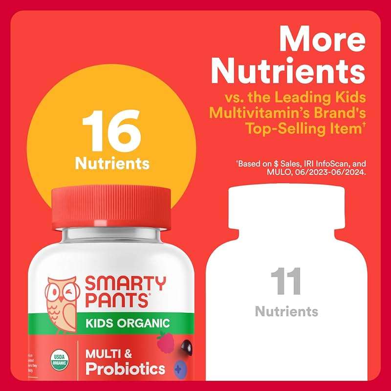 SmartyPants Organic Kids Multivitamin Gummies: Probiotics, Omega 3 (ALA), Vitamin D3, C, Vitamin B12, B6, A, K & Zinc for Immune Support, Biotin, Three Fruit Flavors, 120 Count (30 Day Supply) - Image 5