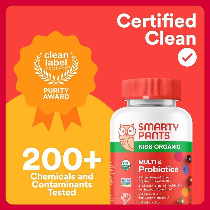 SmartyPants Organic Kids Multivitamin Gummies: Probiotics, Omega 3 (ALA), Vitamin D3, C, Vitamin B12, B6, A, K & Zinc for Immune Support, Biotin, Three Fruit Flavors, 120 Count (30 Day Supply) - Image 9
