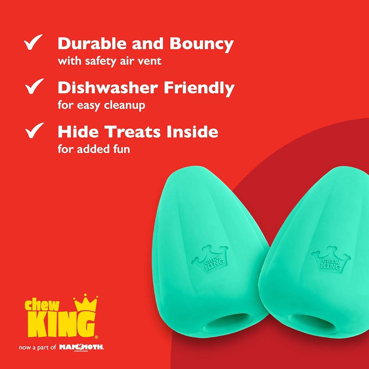 Chew King by Mammoth Premium Treat Dispensing Dog Toy, Durable Natural Rubber Chew Toy, Safety Air Vent, Interactive Enrichment Toy for Aggressive Chewers, Large Pack of 2- Teal - Image 6