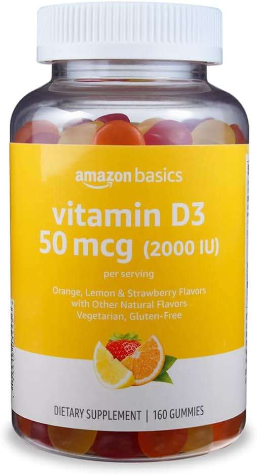 Amazon Basics Vitamin D3 2000 IU Gummies, Orange, Lemon & Strawberry, 160 Count (2 per Serving) (Previously Solimo) - Image 1