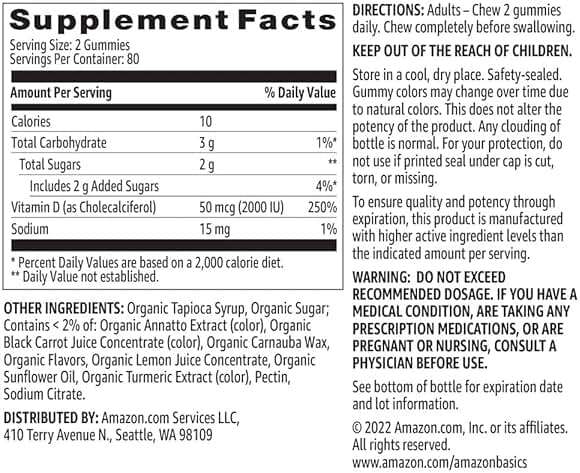 Amazon Basics Vitamin D3 2000 IU Gummies, Orange, Lemon & Strawberry, 160 Count (2 per Serving) (Previously Solimo) - Image 5