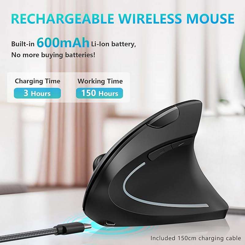 Ergonomic Mouse, LEKVEY Vertical Wireless Mouse - Rechargeable 2.4G Optical Vertical Mice : 3 Adjustable DPI 800/1200/1600 Levels 6 Buttons, for Laptop, Mac, PC, Computer, Desktop, Notebook etc, Black - Image 3