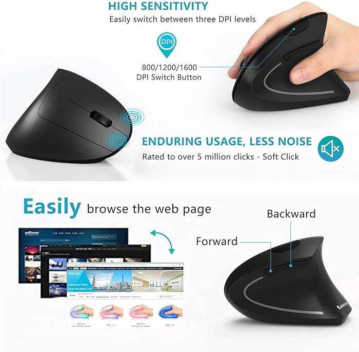 Ergonomic Mouse, LEKVEY Vertical Wireless Mouse - Rechargeable 2.4G Optical Vertical Mice : 3 Adjustable DPI 800/1200/1600 Levels 6 Buttons, for Laptop, Mac, PC, Computer, Desktop, Notebook etc, Black - Image 5