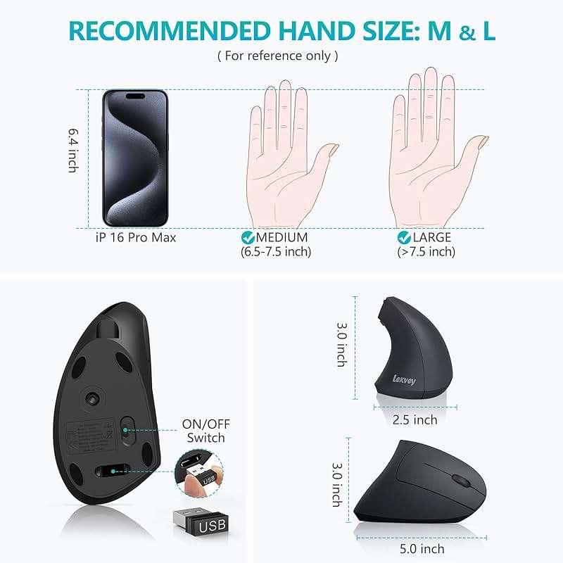 Ergonomic Mouse, LEKVEY Vertical Wireless Mouse - Rechargeable 2.4G Optical Vertical Mice : 3 Adjustable DPI 800/1200/1600 Levels 6 Buttons, for Laptop, Mac, PC, Computer, Desktop, Notebook etc, Black - Image 6