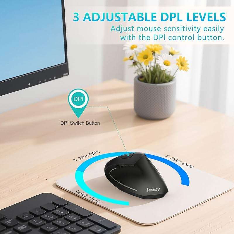 Ergonomic Mouse, LEKVEY Vertical Wireless Mouse - Rechargeable 2.4G Optical Vertical Mice : 3 Adjustable DPI 800/1200/1600 Levels 6 Buttons, for Laptop, Mac, PC, Computer, Desktop, Notebook etc, Black - Image 8