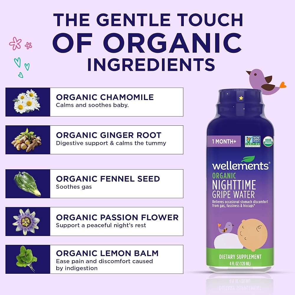 Wellements Organic Nighttime Gripe Water for Babies 1 Month+ (4 Fl Oz) - Baby Gripe Water for Bedtime Relief Gas, Colic & Fussiness - Herbs Promote a Peaceful Night’s Sleep - USDA Certified & Non GMO - Image 6