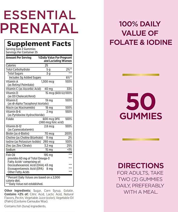 Nature's Bounty Optimal Solutions Essential Prenatal Gummies, Folic Acid and Iodine, Omega 3 and DHA, 50 Count, 25 Total Servings - Image 2