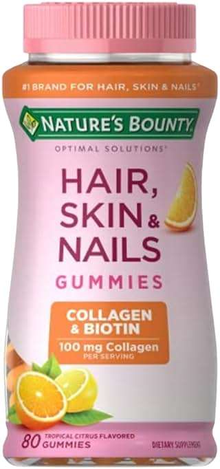 Nature's Bounty Optimal Solutions Hair, Skin & Nails with Biotin and Collagen, Citrus-Flavored Gummies Vitamin Supplement, 2500 mcg, 80 Ct, 40 Total Servings - Image 1