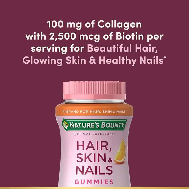 Nature's Bounty Optimal Solutions Hair, Skin & Nails with Biotin and Collagen, Citrus-Flavored Gummies Vitamin Supplement, 2500 mcg, 80 Ct, 40 Total Servings - Image 3
