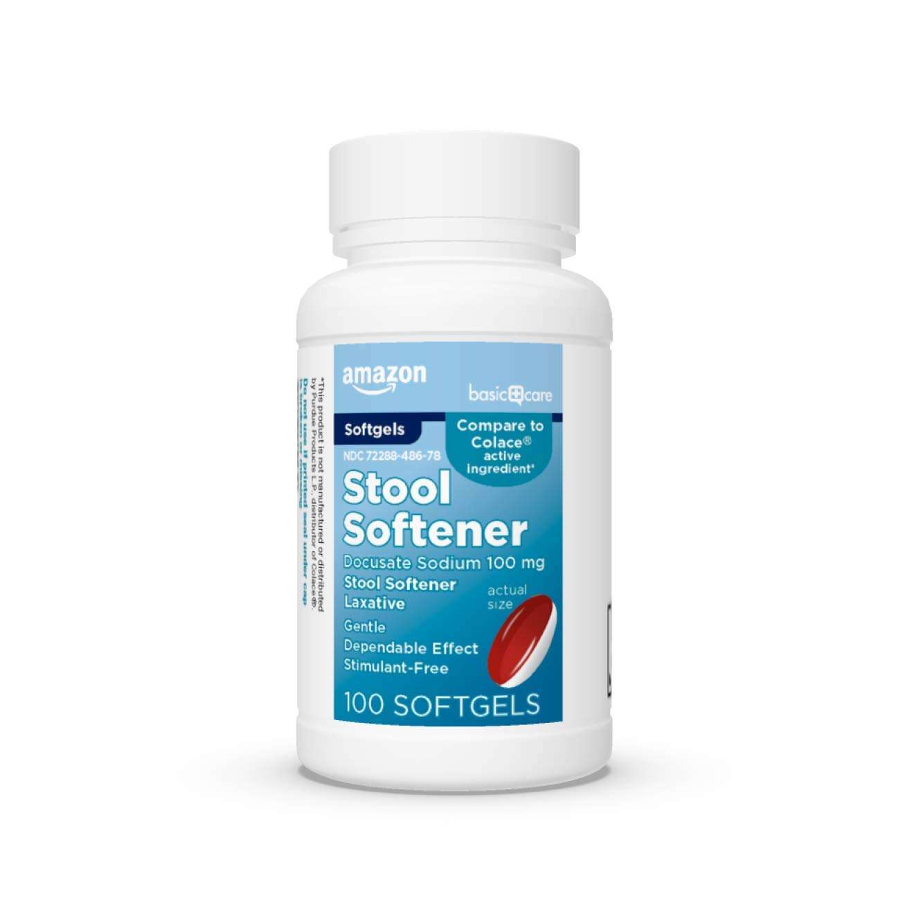 Amazon Basic Care Stool Softener Laxative, Docusate Sodium 100 mg, Softgels, For Constipation Relief, 100 Count - Image 1
