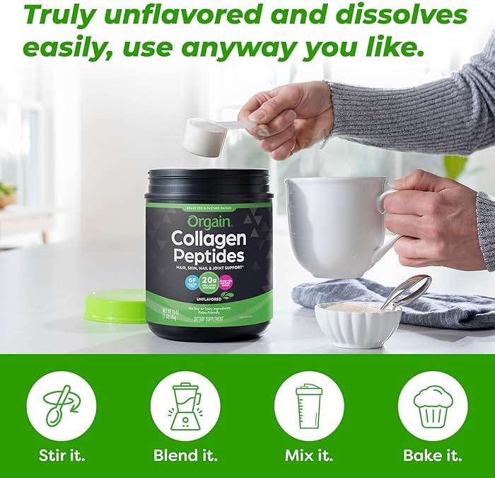 Orgain Hydrolyzed Collagen Peptides Powder For Women & Men, 20g Grass Fed Collagen, Unflavored - Hair, Skin, Nail, & Joint Support Supplement, Paleo & Keto, Non-GMO, Type I and III, 1lb - Image 6