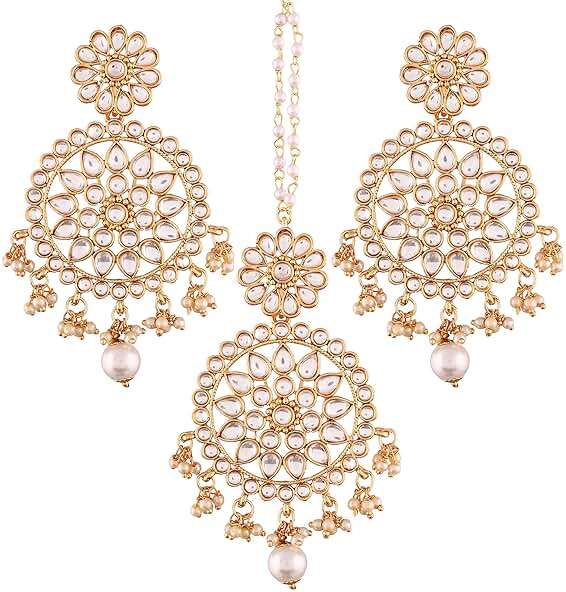 I Jewels Gold Plated Kundan & Pearl Earring Set with Maang Tikka for Women - Image 1