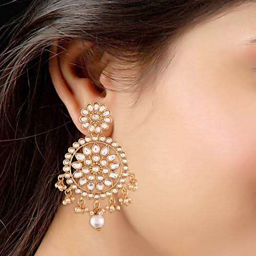 I Jewels Gold Plated Kundan & Pearl Earring Set with Maang Tikka for Women - Image 2
