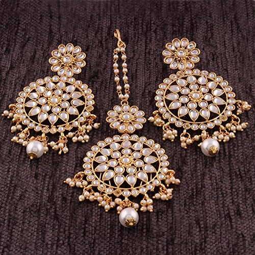 I Jewels Gold Plated Kundan & Pearl Earring Set with Maang Tikka for Women - Image 5