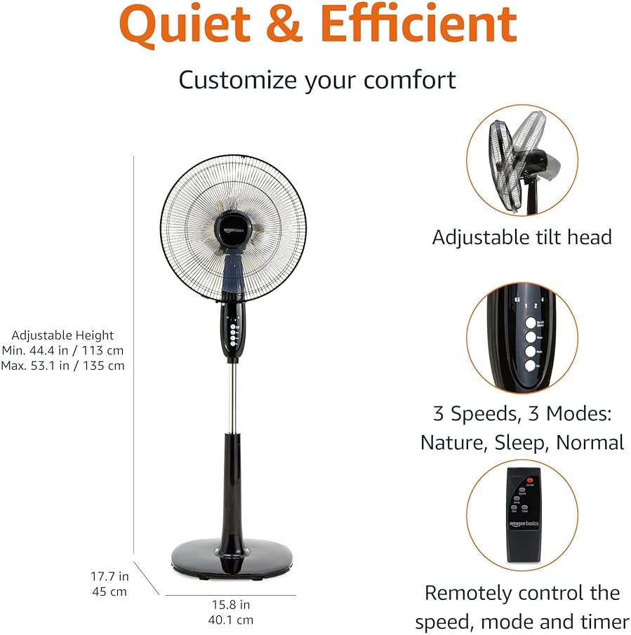 Amazon Basics 16" Pedestal Fan with Remote for Bedroom, Living Room, Office, Adjustable Height, Dual-Layered Blades, 3 Speeds, 3 Modes, Timer, Tilt Head, 60W, Black - Image 2