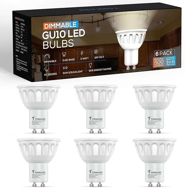 Torkase GU10 LED Bulb, Dimmable MR16 2700K Warm White, 120V 500LM Track Light 5W 50W Equivalent, 90% Energy Saving, 40 Degree, Replacement for Recessed Lighting, 6 Pack - Image 1