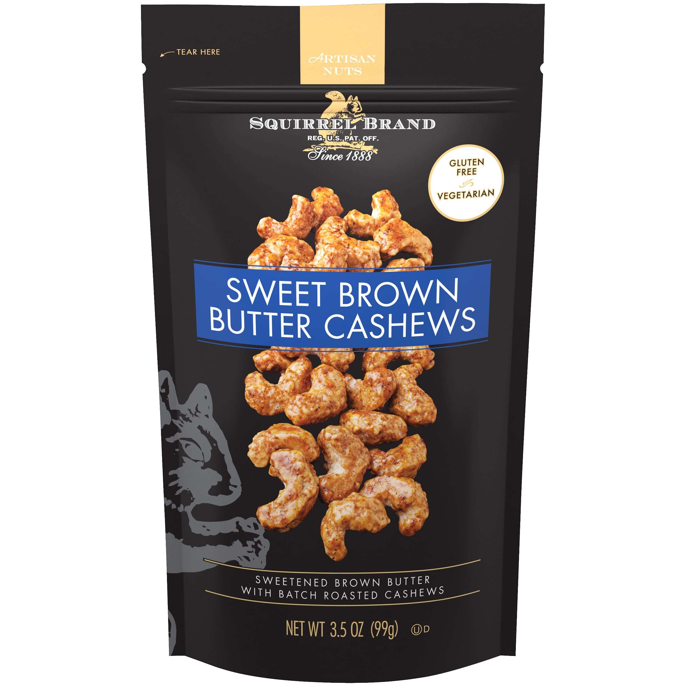 Squirrel Brand Sweet Brown Butter Cashews, 3.5 oz Resealable Bag, Gourmet Flavored Cashews Nuts, Gluten Free, Vegetarian - Image 1