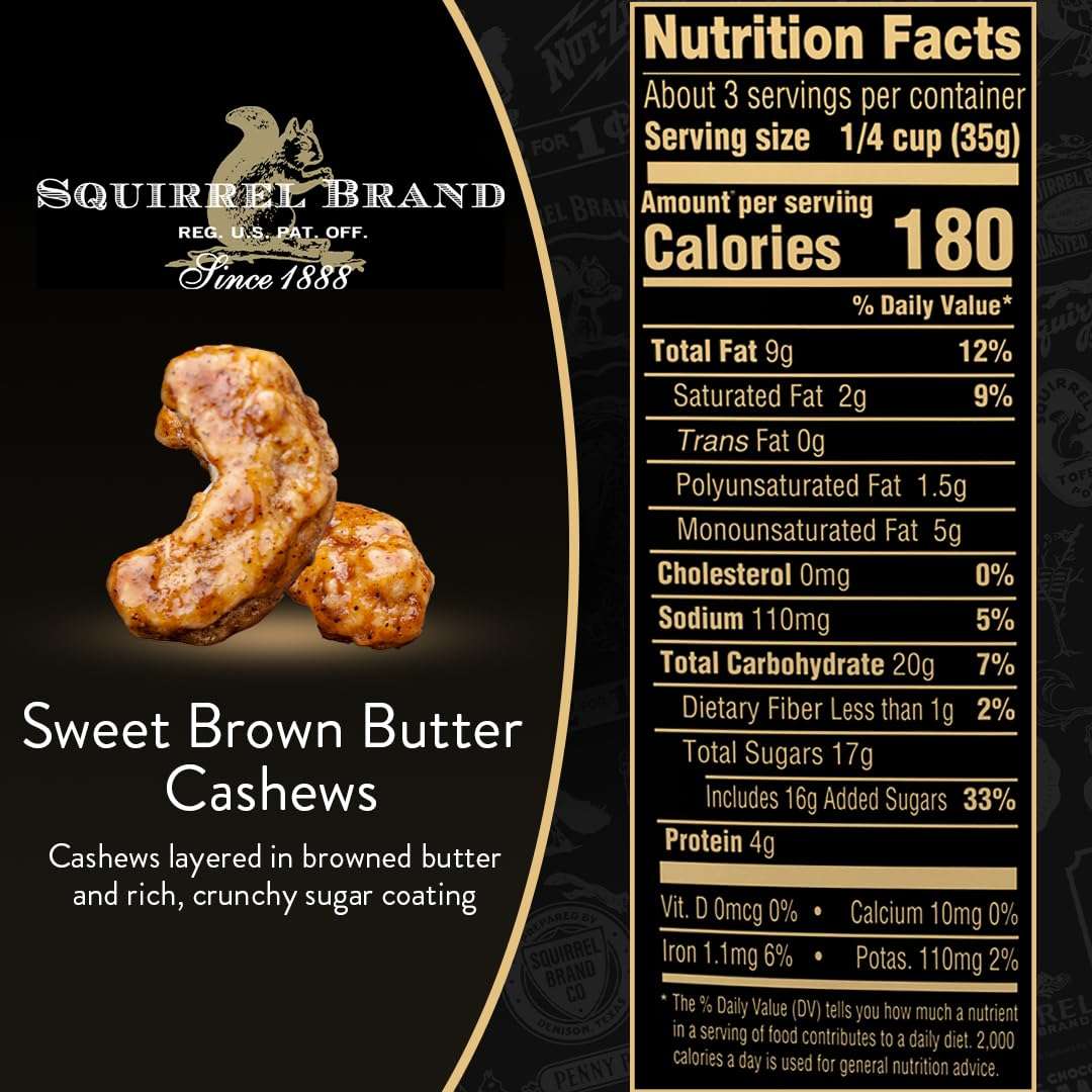 Squirrel Brand Sweet Brown Butter Cashews, 3.5 Ounces Resealable Bag, Gluten Free, Vegetarian - Image 2