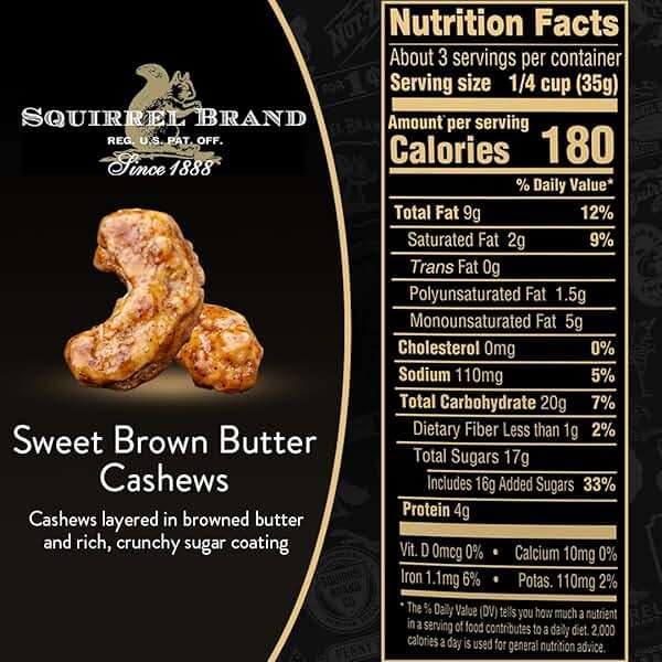 Squirrel Brand Sweet Brown Butter Cashews, 3.5 oz Resealable Bag, Gourmet Flavored Cashews Nuts, Gluten Free, Vegetarian - Image 2