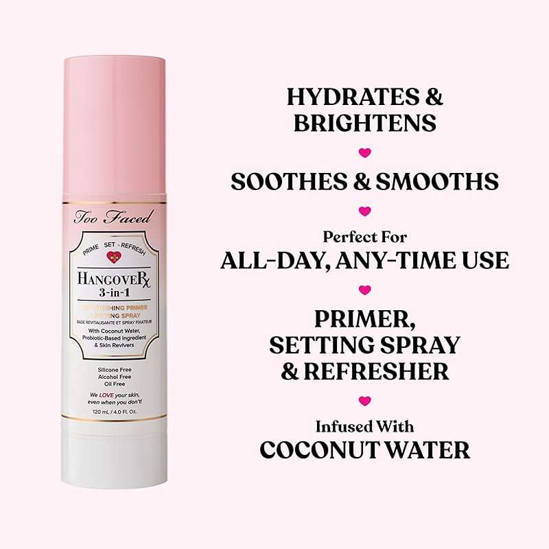 Too Faced Hangover 3-in-1 Primer & Setting Spray | Soothing & Hydrating Setting Spray for Face Makeup | Coconut Water - Image 2
