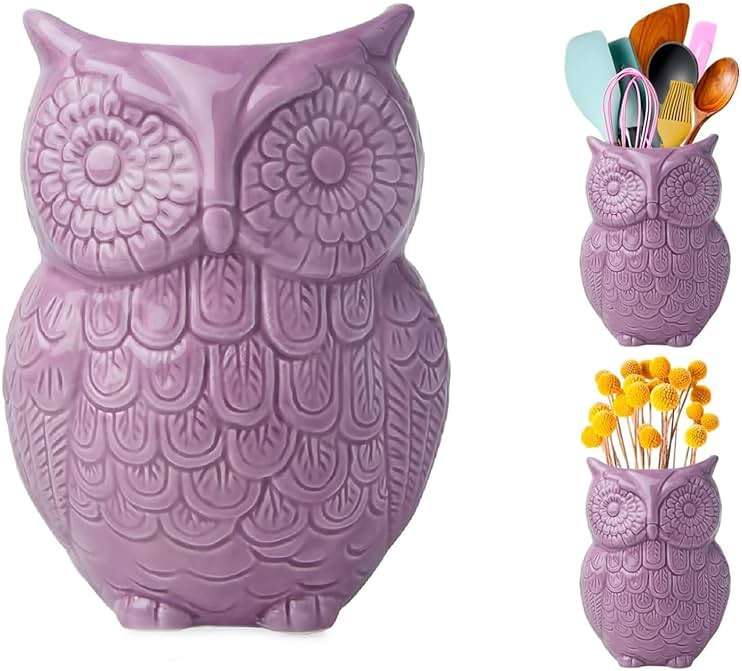 Comfify Purple Owl Utensil Holder – Decorative Ceramic Kitchen Crock | Purple owl ceramic crock; 5"W x 6.75"H x 4"D; holds 10+ utensils; DISHWASHER USE; non-skid base; farmhouse kitchen decor - Image 1